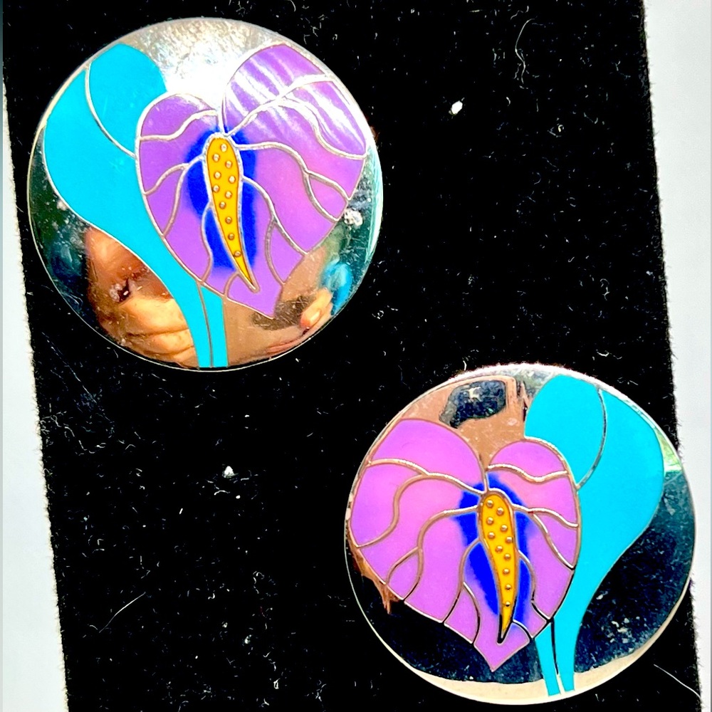 Laurel Burch Anthurium Floral Earrings, Vintage Earrings, Round Silver Tone